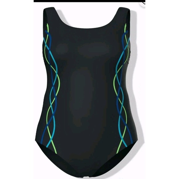 Ulla Popken Squiggle Swimsuit Black Size 32 Non Wired Lined UPF 20+ - Picture 4 of 11